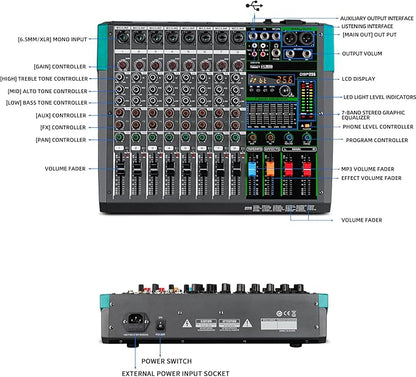 Depusheng PA8 Professional Audio Mixer Sound Board Console Desk System Interface 8 Channel Digital USB Bluetooth MP3 Computer Input 48V Phantom Power Built-in 256 Reverb Effect, Black