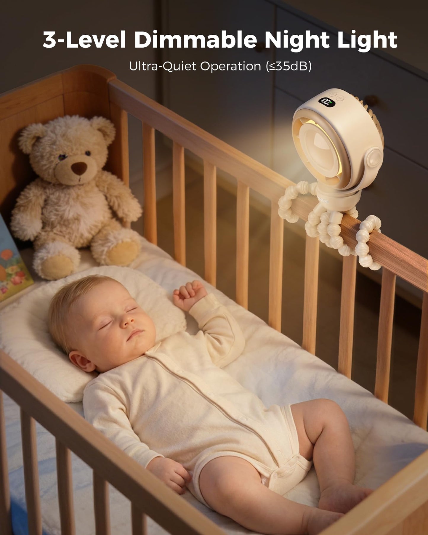 SWEETFULL Baby Stroller Fan, Safe Portable Fan, 15H Use, Nightlight - Brown