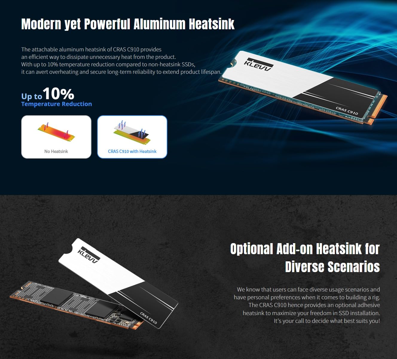 KLEVV CRAS C910 1TB M.2 2280 NVMe PCIe Gen4x4 Laptop & Desktop Internal SSD Heatsink Included, up to 5000MB/s (K01TBM2SP0-C91)