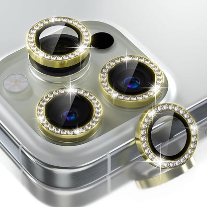 Choiche Compatible for iPhone 16 Pro/iPhone 16 Pro Max Camera Lens Protector Bling, 9H Tempered Glass Camera Cover Screen Protector Metal Ring Decoration Accessories (Diamond-Gold)