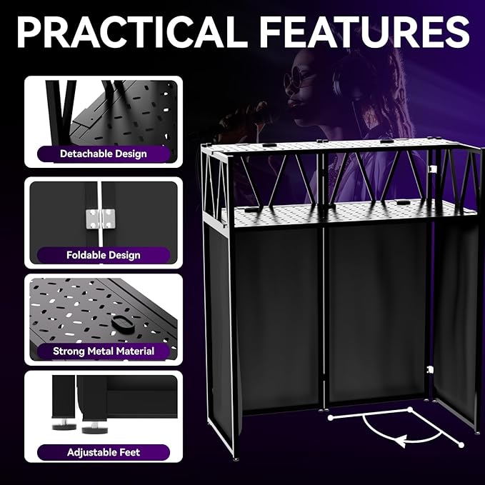 Portable DJ Booth Table,Foldable DJ Table Stand Portable with White & Black Scrim,Adjustable DJ Facade Table Station Metal Frame DJ Table with Cable Hole for Private Events, Clubs, Bars (Upgrade)