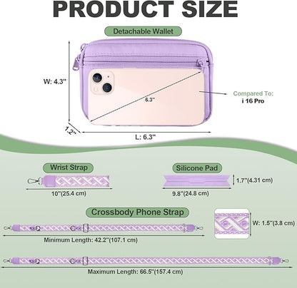 Clip and Go Strap for Phone with Wallet Crossbody, Adjustable Phone Lanyard with Detachable RFID Wristlet Wallet, Pattern Strap, Purple (M)