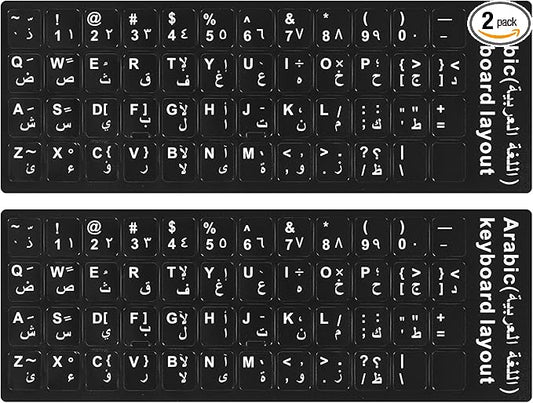 2PCS Arabic Keyboard Stickers, Arabic-English Keyboard Letters Replacement Stickers Black Background with White Font for Computer Laptop Notebook Desktop, Matte Keyboard Alphabet Stickers