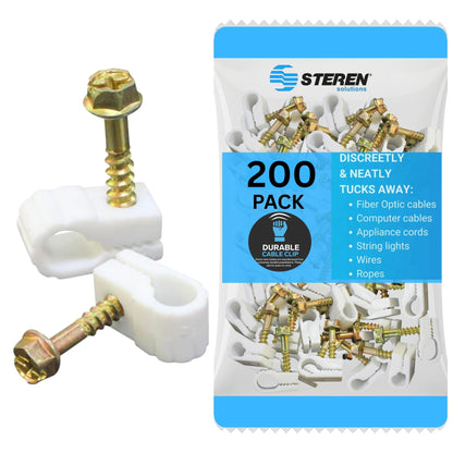 STEREN Coaxial Cable Clips - Cable Holder - Wire Clips - Siding Clips for Hanging - Cord Holder for Desk - Cable Clamps (White, 200 Count - Single Screw)
