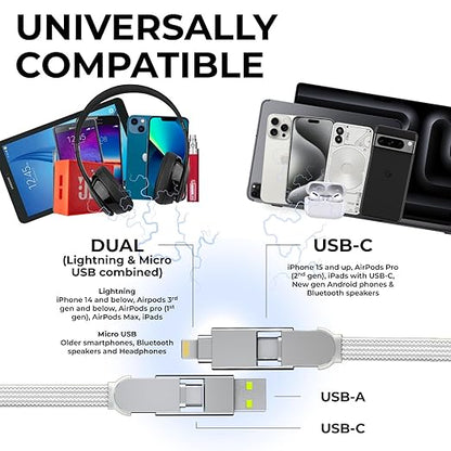 Rolling Square inCharge XL 200 cm - USB-C Cable, Universal Smartphone Cable, Gift for Men, 6-in-1 Universal Charger for Smartphones, Technical Gadget, White, Lightning Cable 100W