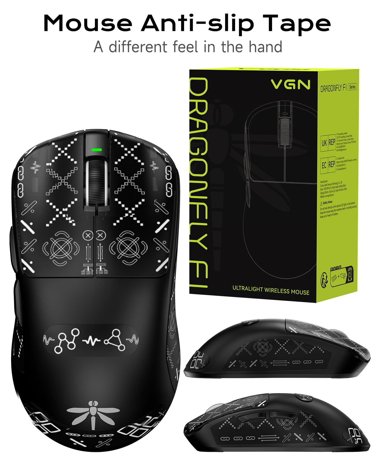 VGN Dragonfly F1 Pro Max Wireless Gaming Mouse, 130h Playtime Long Endurance, 55g Lightweight, PAW3395 26K DPI Flagship Sensor, 4000Hz Polling Rate Supported, Low Latency Esports Peripherals, Black