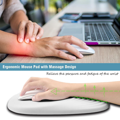 Armanza Ergonomic Mouse Pad Wrist Support, White Mouse Pad with Wrist Rest, Entire Memory Foam & Non-Slip PU Base MousePads with Massage Design for Pain Relief, Desk, Office, 12" x 8" x 1.2" Inch