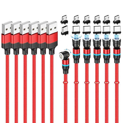 Magnetic Charging Cable (6-Pack,1.6+3.3+3.3+6.6+6.6+10ft) 540° Rotation Magnet Phone Charger USB C Cable 3A Fast Charging Magnetic Charger Cable with LED Light for Micro USB Type C Device