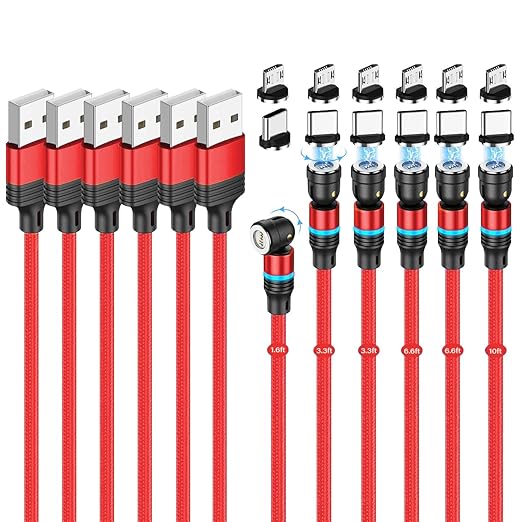 Losuesme Magnetic Charging Cable (6-Pack,1.6+3.3+3.3+6.6+6.6+10ft) 540° Rotation Magnet Phone Charger USB C Cable 3A Fast Charging Magnetic Charger Cable with LED Light for Micro USB Type C Device