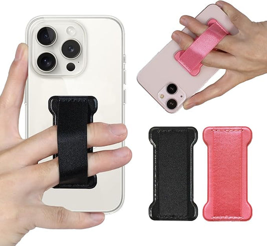 WUOJI Cell Phone Finger Grip Strap Holder for Hand, Finger Strap Phone Holder, New Slim Finger Loop Selfie Grip Compatible with Most Smartphones -2Pack(Black Pink)
