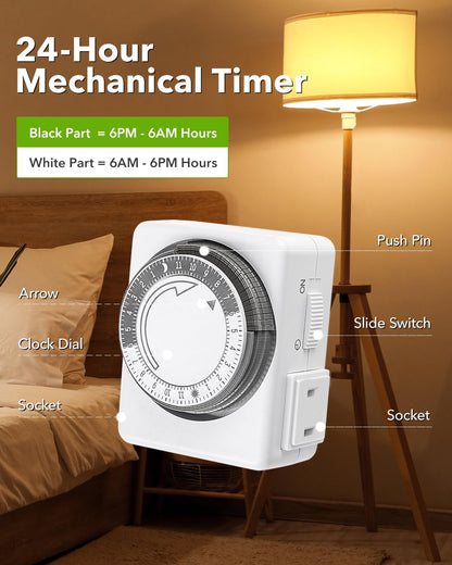 HBN Indoor Outlet Timer, 24 Hour Mechanical Plug Dual Outlets 2 Pack