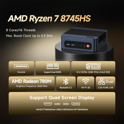 Reatan A8 Mini PC AMD Ryzen 7 8745H 16GB RAM DDR5 1TB SSD 8C/16T，up to 8K Quad-Screen Displays, WiFi 6E, OCuLink Mini Gaming Computers Home Theater Office Business