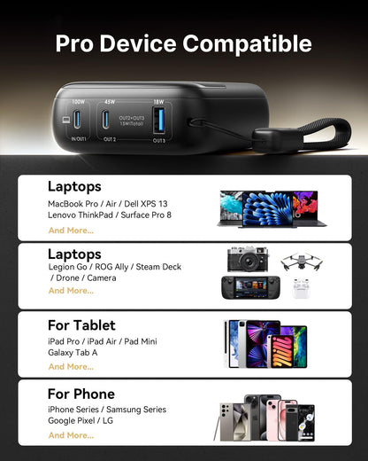 INIU 100W Fast Charging Power Bank, Smallest 25000mAh High Capacity Laptop Portable Charger, 3-Port Battery Phone Pack with Detachable USB C Cable for Flight-Safe iPhone MacBook Dell Steam Deck etc