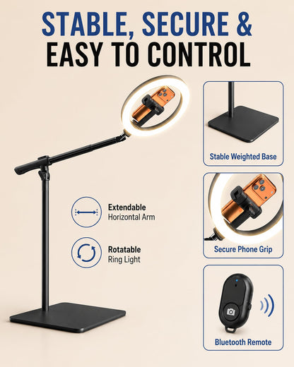 LUXSURE 10" Overhead Ring Light for Desk with Weighted Base, Freestanding Telescopic Phone Mount, Phone Stand with Light & Remote for Video Recording, Cooking, Crafts, Live Streaming