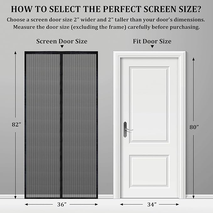 Magnetic Screen Door - Self Sealing, Heavy Duty, Hands Free Mesh Partition Keeps Bugs Out Let Breeze in- Pet and Kid Friendly - Keep Open Feature (Black, Fit Door Size 34 x 80 Inch)