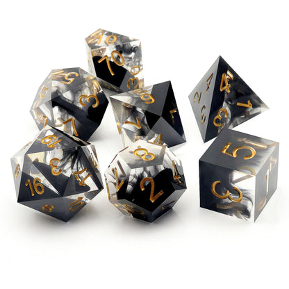 Haxtec Sharp Edge DND Dice Set, Black Swirls Resin Polyhedral RPG Dice