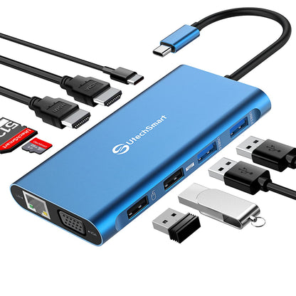 UtechSmart 11 in 1 Docking Station, Triple Monitors USBC Laptop Docking Station with 2 HDMI, VGA, PD3.0, SD TF Card Slot, 4 USB Ports USB-C Adapter Compatible for MacBook & Windows(Blue)
