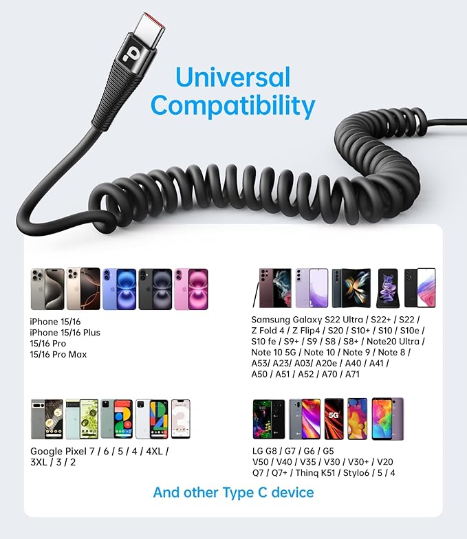 PRAKIE Coiled USB C Cable Fast Charging for Car 3FT/5FT, USB A to USB C Cable, Type C Charge Cord USB-C Charging Cable Compatible with iPhone 16/15/Samsung Galaxy S20 and More USB C Devices-Black