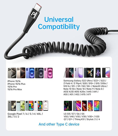 USB C Cable Fast Charging, 2Pack 3ft Coiled USB A to USB C Charge Cable for Car, USB-C Charging Cord Compatible with iPhone 16/15/Pro Max/Plus/Samsung Galaxy S20 S10 and More Type C Devices-Black