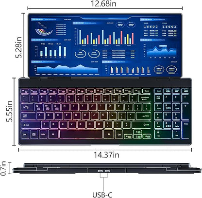 12.8" Portable Touchscreen Keyboard Monitor Stretched Bar Screen Extender with Silent Keyboard Foldable MIni RPi Display Type-C USB-A Monitor for Desktop Mini PC Laptop Macbook Phones Tablet (KM128T)
