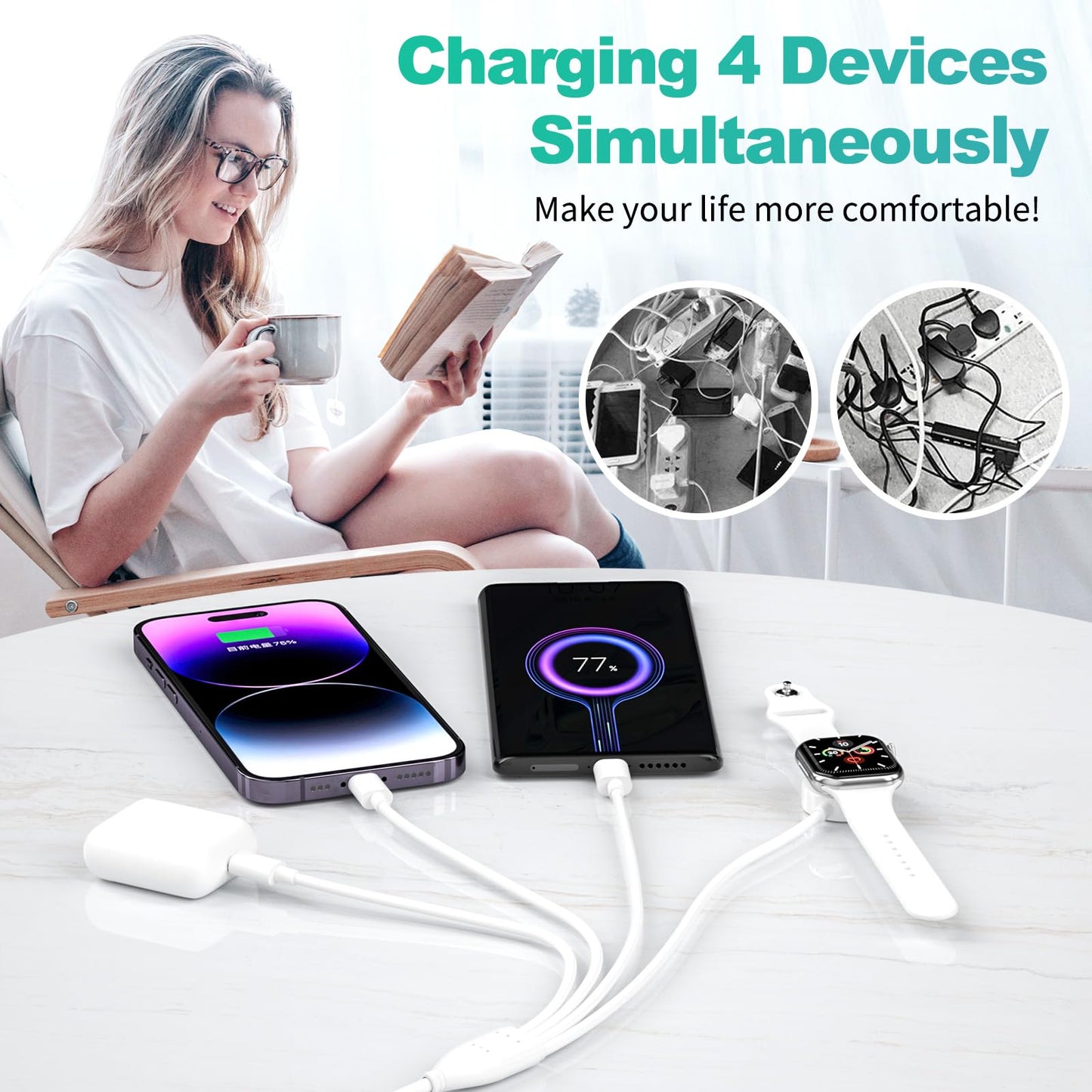 4 in 2 Apple Watch Charger, USB C Apple Charger Cable for iPhone 17, Magnetic Charging Cord for iWatch Series SE/8/7/6/5/4/3/2 - Wireless Travel i-Watch Charger AirPods&iPad-6FT
