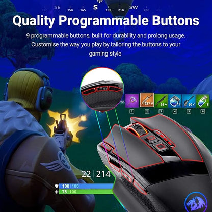 Redragon M801 Wireless Gaming Mouse, RGB Gaming Mouse with MMO 9 Programmable Macro Editing Buttons, UP 16000 Adjustable DPI, Rapid Fire Button for Game, Windows,PC - Wireless, Black
