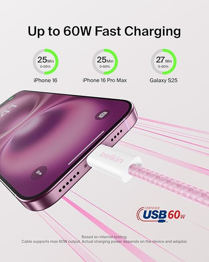 Belkin USB C to USB C Cable, 9.9ft, 60W - Type C Charger, iPhone Charger Cord, Soft, Braided, Flexible for iPhone 16, Galaxy S25, Pixel 9, Airpods, iPad Pro, Table & More, Travel Essentials - Pink