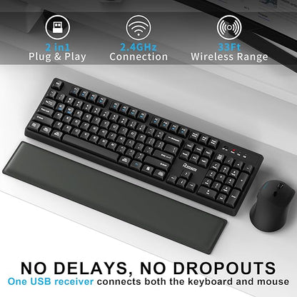 Wireless Keyboard and Mouse Combo with Wrist Rest, 2.4G Full-Sized Keyboard and Mouse Cordless, 3 DPI Adjustable Silent Mouse, Dual-System Keyboard for Computer/Laptop/Windows/Mac(Black)