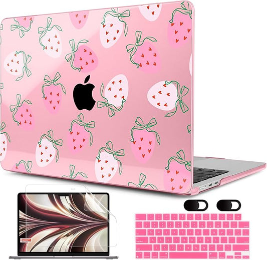 MEEgoodo Case for MacBook Air M4/M3/M2 13.6 inch 2025 2024 2022, Fit Model A3240 A3113 A2681, Compatible with MacBook Air 13 inch, Laptop Hard Shell Case with Keyboard Cover, Strawberry & Bow