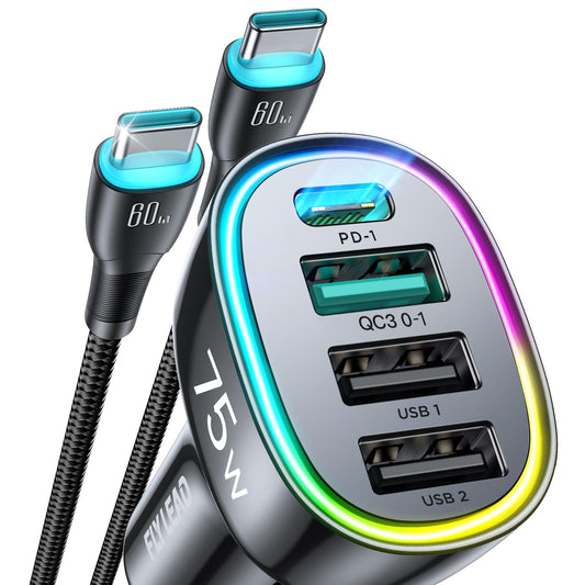 75W Car Charger USB C, 4 Port Super Fast Cigarette Lighter USB Charger, Type C 60W & QC 3.0 Multiport Car Phone Adapter Accessories for iPhone 17/16/15/14/13/12 Pro Samsung S26 Series, Android, Red