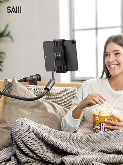 SAIJI 47" Gooseneck Kindle Holder, Tablet Holder for Bed with Upgraded Base, iPad Stand with Flexible Lazy Arm, Compatible with iPad/iPhone/Kindle/Switch or Other 4.7-13" Device (Black)