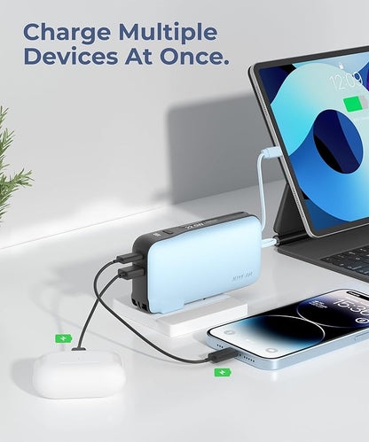 1 Pack Portable Charger with Built-in USB-C Cable & Plug, 10,000mAh 5V/4.5A Power Bank Fast Charging 22.5W, Travel Essential Battery Pack 3 Output for iPhone 16/15 Series, Samsung Galaxy, iPad