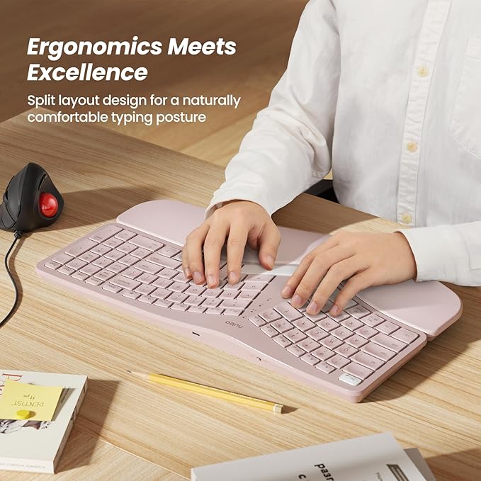 Nulea RT05 Wireless Ergonomic Keyboard, Split Keyboard with Wrist Rest, USB-C Charging, 7-Color Backlight, Natural Typing, Bluetooth and USB Connectivity, Compatible with Windows,Mac(Pink)