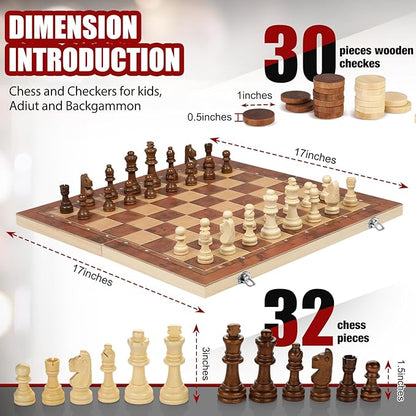 Chess Checkers Backgammon 3-in-1 Board Games Sets, Wooden Chess Set for Adults & Kids, 17.2" Lightweight Checkers Board Game,Strategy Backgammon Sets for Adults, Travel Chess Board Game Pieces Storage