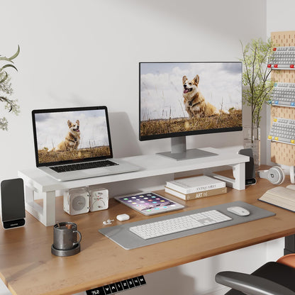 WESTREE Dual Monitor Stand Riser, Wood and Steel Monitor Stand Riser, Computer Monitor Stand for 2 Monitors, Multi-Purpose Desktop Storage Stand for Computer,Laptop,Printer,TV