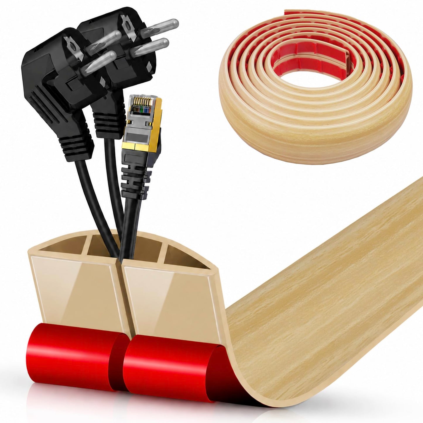 Floor Cord Cover Cavity 0.8"x0.37" Self Adhesive Cord Hider, 10FT Low Profile Cable Management, Extension Strip Protector for Wires, Prevent Cable Trips for Offices, Gyms,(Wood Light Yellow)