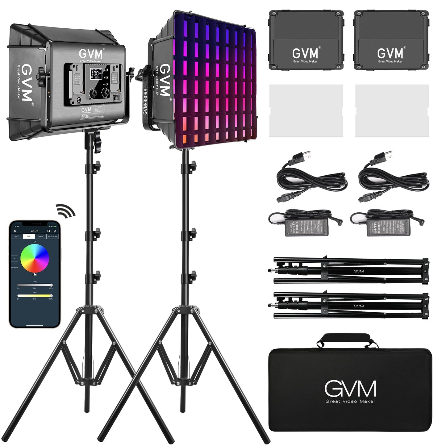 GVM RGB Photography Lighting Kits with 2 Softboxes, 880RS 60W Studio Lights with Bluetooth Control, 2 Packs Video Light with 18 Lighting Scenes, led Panel Lights for Video Recording, 8330lux/0.5M