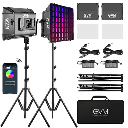 GVM RGB Photography Lighting Kits with 2 Softboxes, 880RS 60W Studio Lights with Bluetooth Control, 2 Packs Video Light with 18 Lighting Scenes, led Panel Lights for Video Recording, 8330lux/0.5M