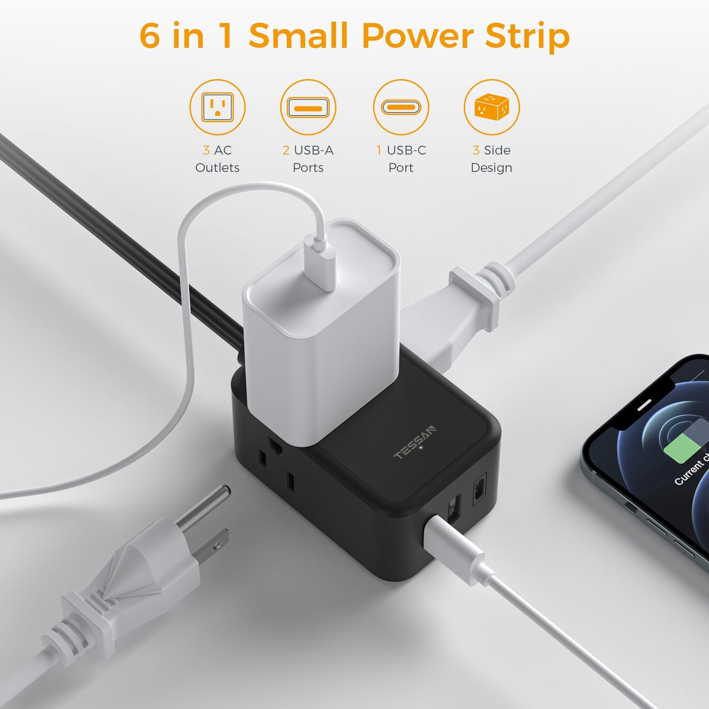TESSAN Small Flat Plug Power Strip, Ultra Thin Extension Cord 5 ft, Black