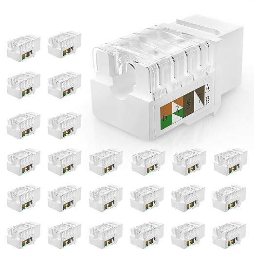 Awishwell Keystone Jack 25-Pack, RJ45 Cat6 Keystone Jacks, Cat6 Ethernet Jack 90 Degree Punch Down Stand for Patch Panel & Wall Plate, White