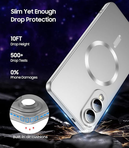 Magnetic for Samsung Galaxy S25 Edge Case [Compatible with MagSafe][Built-in Camera Lens Protector] Slim Soft Silicone Bumper Shockproof Metallic Luster Phone Case (Silver)