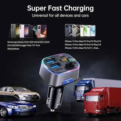Syncwire Bluetooth 5.4 FM Transmitter Car Adapter 48W (PD 36W & 12W) [Light Switch] [Hi-Fi Deep Bass] [Fast Charge] Wireless Radio Music Adapter LED Display Hands-Free Calling Support USB Drive