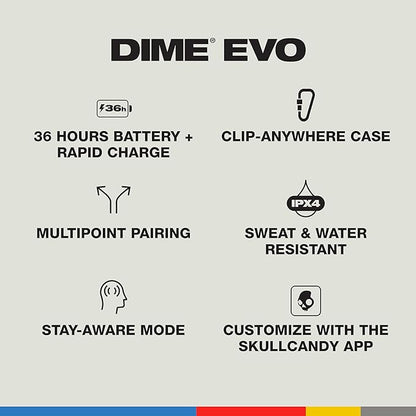 Skullcandy Dime Evo Wireless Earbuds, Bluetooth Headphones, Noise Isolating Fit, Up to 36 Hours Battery, Microphone for iPhone Android, Easy Carry with Clip-Anywhere Case - Bone