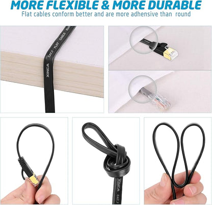 Cat 7 Flat Ethernet Cable 25ft Black, High Speed 10GB Shielded (STP) LAN Internet Network Cable Ethernet Patch Computer Cable with Rj45 Connectors and 10pcs Adhesive Cable Clips