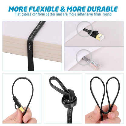 XINCA Cat 7 Flat Ethernet Cable 25ft Black, High Speed 10GB Shielded (STP) LAN Internet Network Cable Ethernet Patch Computer Cable with Rj45 Connectors and 10pcs Adhesive Clips