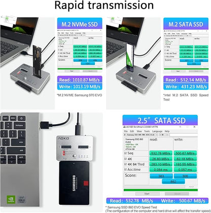AOKO M.2 NVMe to M.2 SATA and 2.5”/3.5” SSD/HDD Clone Docking Station, USB-C 10Gbps Hard Drive Reader & Two-Way Offline Cloning Dock for M.2 SATA NVMe SSD +2.5/3.5 SATA Hard Drive Duplicator