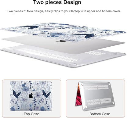 Compatible with 2018 2019 2020 2021 MacBook Air 13 inch Case M1 A2337 A2179 A1932, Clear Printed Pattern Hard Shell Case & Keyboard Cover for Mac Air 13 M1 Touch ID, Navy Blue Wild Flowers