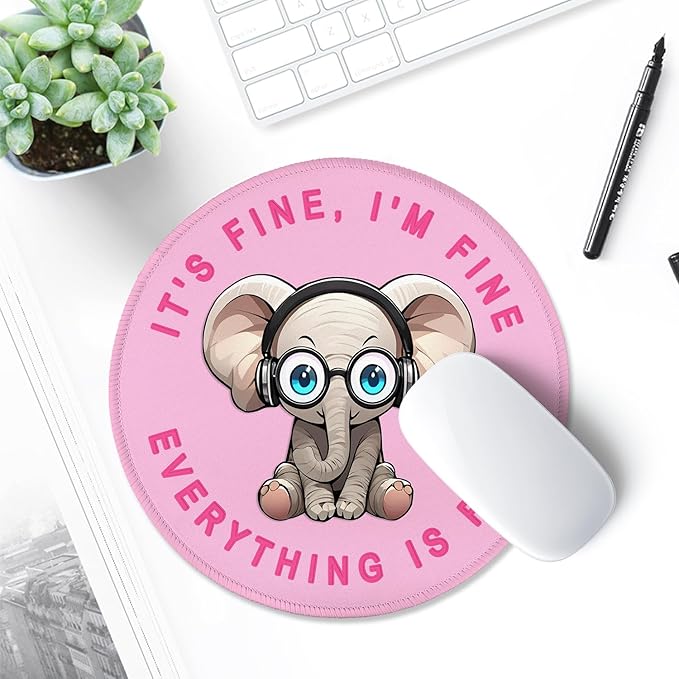 ITNRSIIET Round Mouse Pad with Stitched Edge Premium-Textured Waterproof Non-Slip Rubber Base Desktop Protection Mat Diameter 8.7 inches, Pink Pretty Elephant