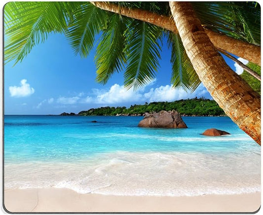 Beach Mouse Pad With Coconut Trees - Gaming Mat, Square Waterproof, Non-Slip Rubber Base for Office, Home, Laptop, Travel - 9.5"x7.9"x0.12" Inch