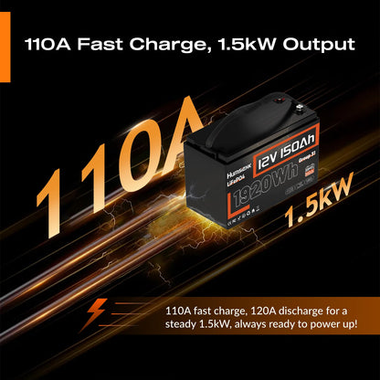 HumsiENK 12V 150Ah LiFePO4 Lithium Battery BCI Group31 Bluetooth- Built-in 110A BMS, Deep Cycle Battery for Solar, RV, Marine, Off-Grid Applications - 15000+ Life Cycles, Safe & Lightweight
